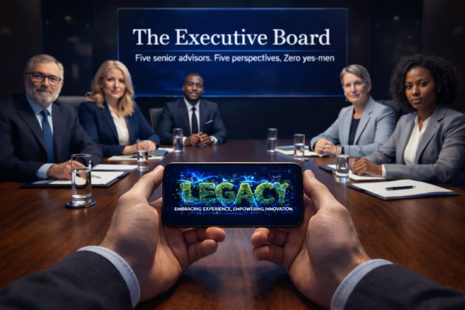 Five senior advisors seated around a dark boardroom table with a phone held in the foreground showing the LEGACY AI logo