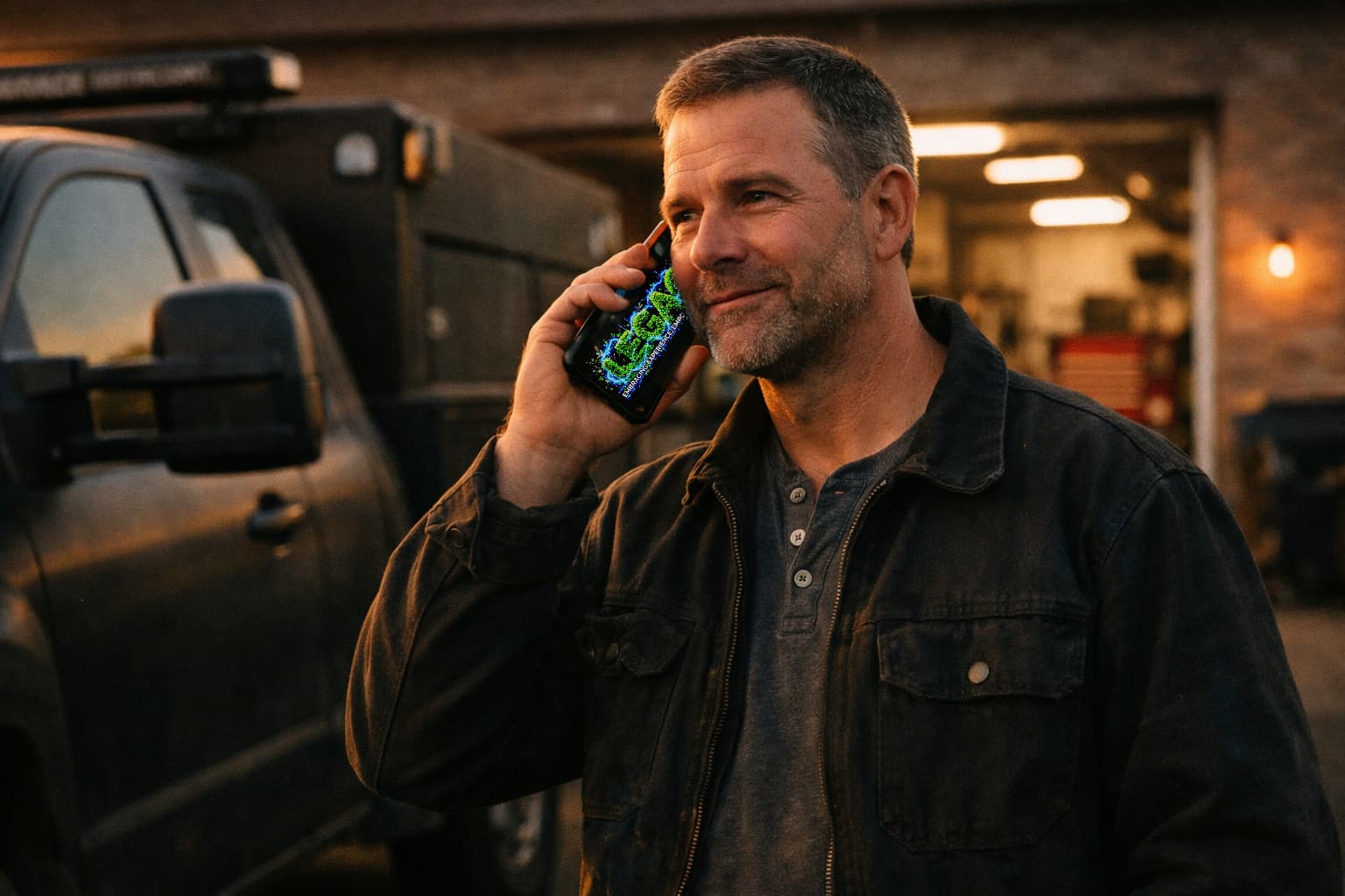 Mid-40s Midwestern service-business owner on the phone beside his service truck at dusk