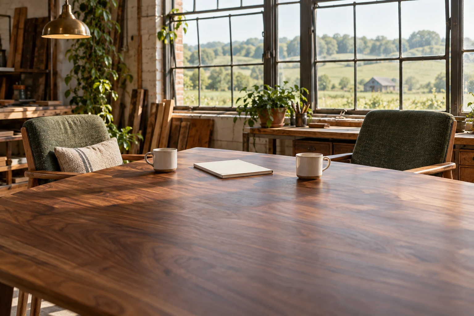 Two chairs at a sunlit workshop table, ready for a conversation