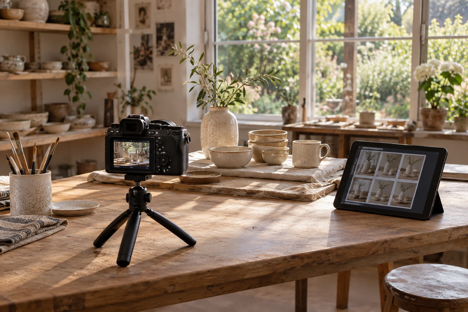A camera and tablet arranged for a small business content shoot